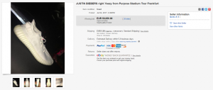 Justin Bieber(?) Yeezy cipőjének jobb fele az eBayen 5000 eurós kezdő és 50000+végső licittel :o